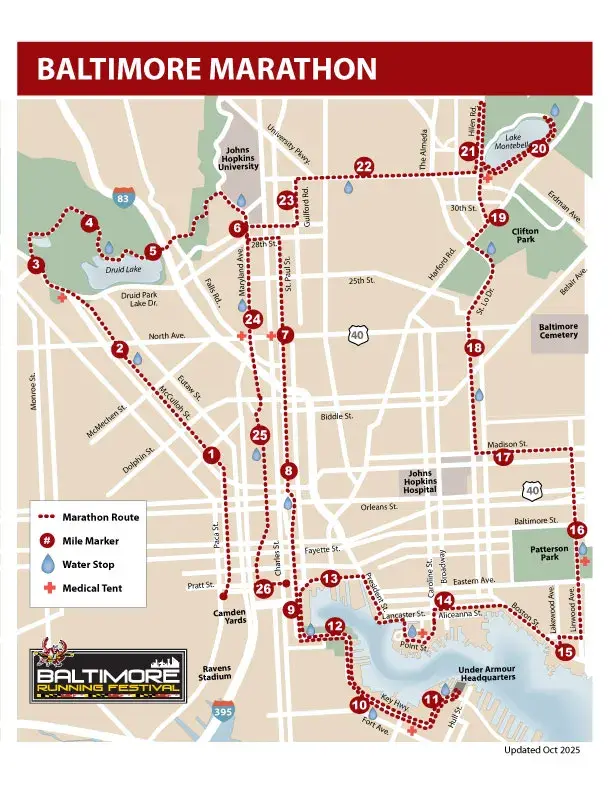 Baltimore Running Festival Marathon course map and route