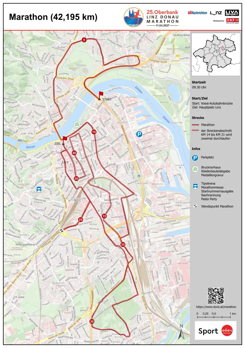 Linz Donau Marathon course map and route